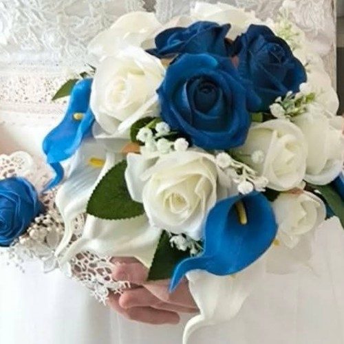 Bouquet rose bleu et blanc mariage 1