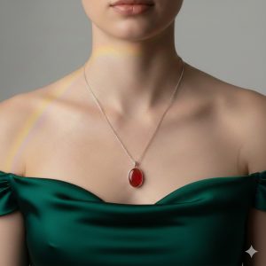 Collier avec une chaîne fine en argent torsadée présentant un pendentif ovale en pierre de cornaline rouge orangé lisse, exposé sur un buste de présentation noir