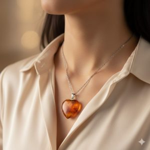 ​Texte suggéré : Collier avec pendentif en forme de cœur en pierre de cornaline orange naturelle, monté sur une fine chaîne en argent.