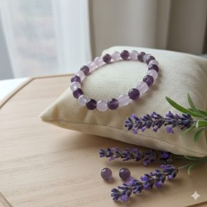 Bracelet artisanal en perles d'améthyste véritable posé sur un coussin avec brins de lavande apaisants.