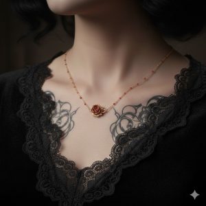 Le bijou se compose d'une chaîne dorée fine ornée de petites perles rouges espacées. Au centre, un pendentif en forme de rose rouge vif en relief est fixé dans une monture dorée travaillée. L'arrière-plan est sobre avec un tissu blanc fluide