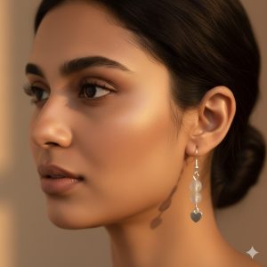 Elle porte une boucle d'oreille pendante composée de deux perles blanches translucides et d'un petit cœur en argent à l'extrémité. Ses cheveux sombres sont attachés en un chignon bas élégant, et son maquillage naturel met en valeur ses pommettes lumineuses."