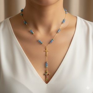 Collier Sautoir- bleu Collier de style chapelet porté sur un col en V blanc, composé de perles bleues irisées sur une fine chaîne dorée avec une petite croix simple au centre et une seconde croix ornée de pierres multicolores en pendentif.