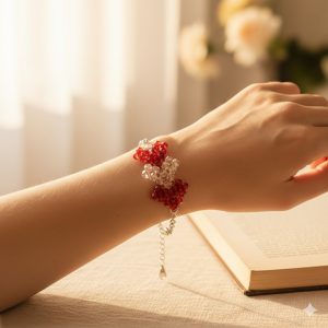 Bracelet artisanal -fait main- perles de verres - chaine acier inoxydable - rouge et blanc