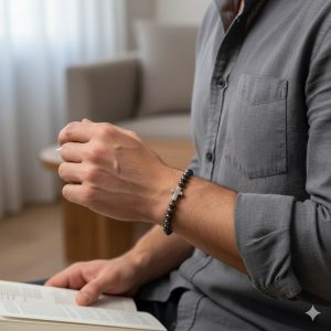 Bracelet Homme en Hématite et Croix Acier Inoxydable