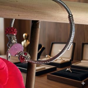 Bracelet Jonc Torsadé Artisanal – Éclat de Rubis et Perle Rose Poudré