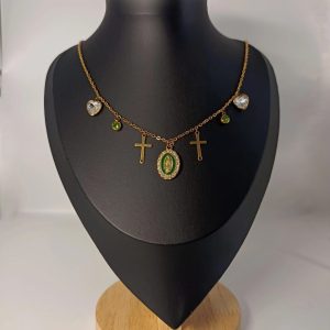 Collier Talisman Vierge Marie & Croix en Acier PVD Doré