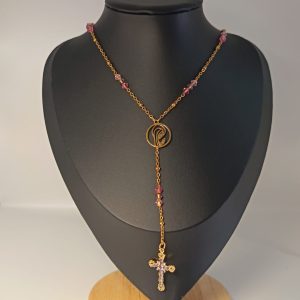 Chapelet-Collier Artisanal en Acier Inoxydable Doré (PVD) & Perles de Cristal Rosé